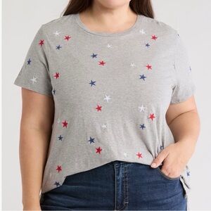 Lucky Brand Gray Embroidered Red White Blue Star Cotton Tee Short Sleeve 2X NWT